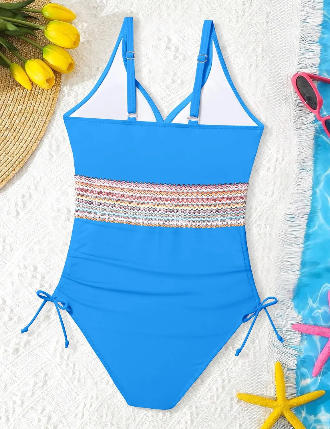Girls One Piece Swimsuits Color Block Girls Swimsuit V Neck Girls Bathing Suit Drawstring Girls' Swimwear 9-16 Years