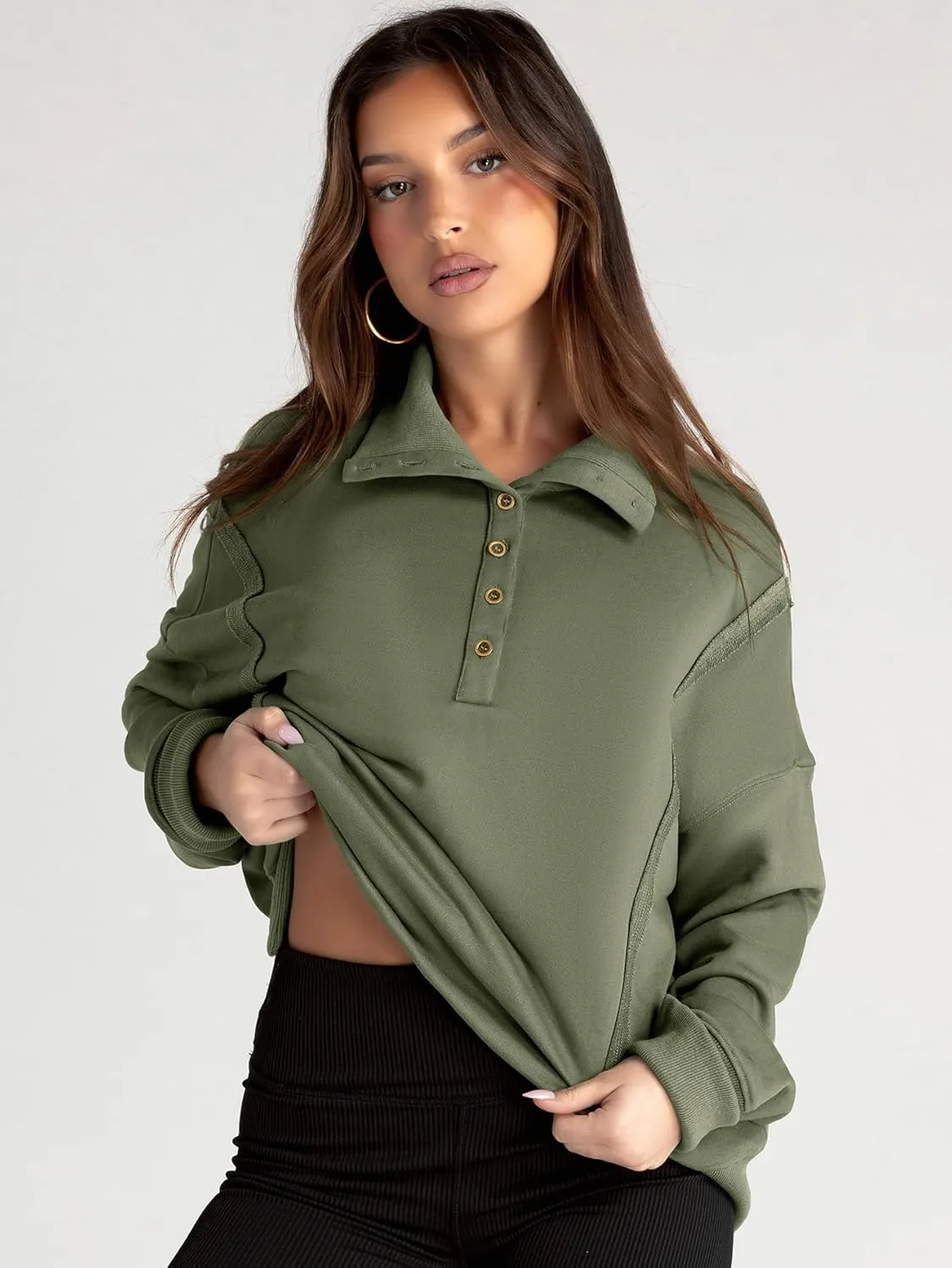 Glamaker Women's Oversized Sweatshirt Casual Long Sleeve Button V Neck Pullover Loose Tops Outfits Fall Fashion