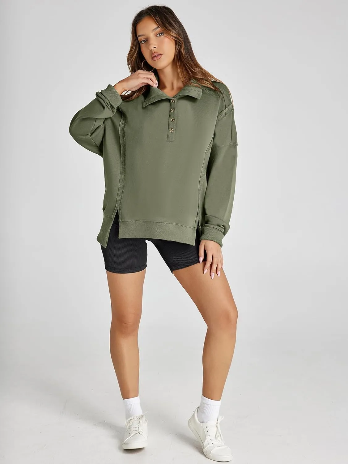 Glamaker Women's Oversized Sweatshirt Casual Long Sleeve Button V Neck Pullover Loose Tops Outfits Fall Fashion