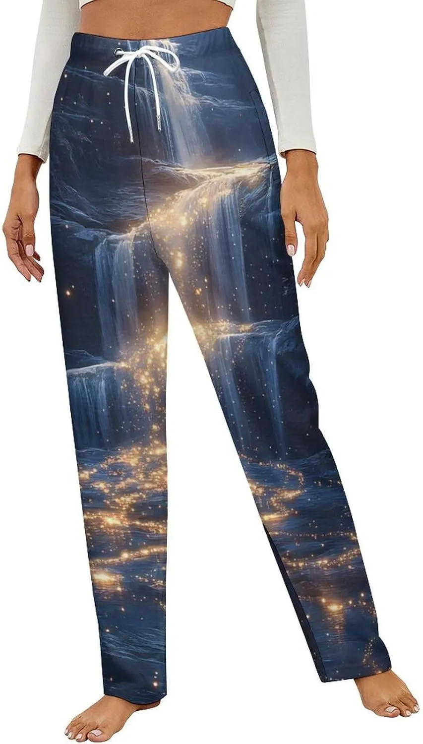 Glowing River Galaxy Womens Flannel Pajama Pants Long Length Sleep Lounge Pants with Drawstring Belt Loungewear
