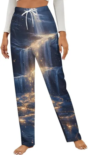 Glowing River Galaxy Womens Flannel Pajama Pants Long Length Sleep Lounge Pants with Drawstring Belt Loungewear