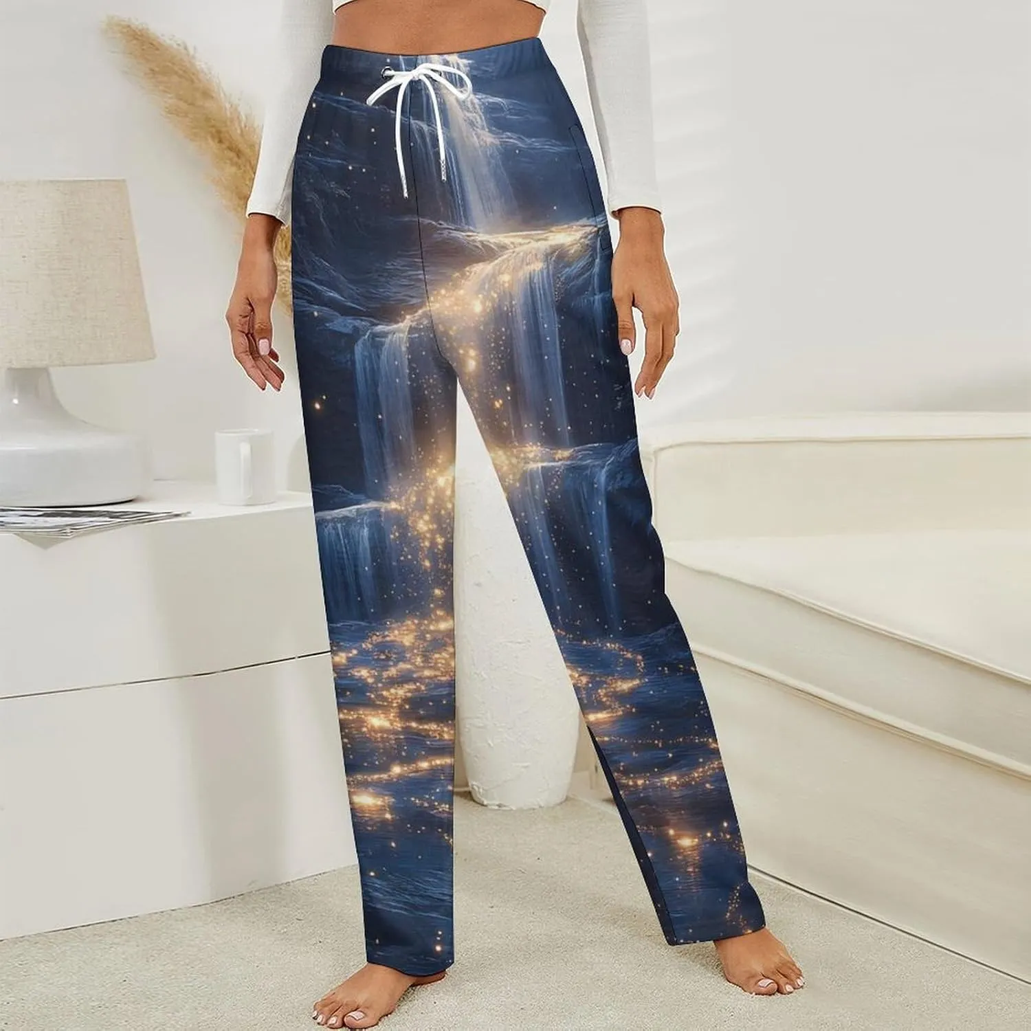 Glowing River Galaxy Womens Flannel Pajama Pants Long Length Sleep Lounge Pants with Drawstring Belt Loungewear