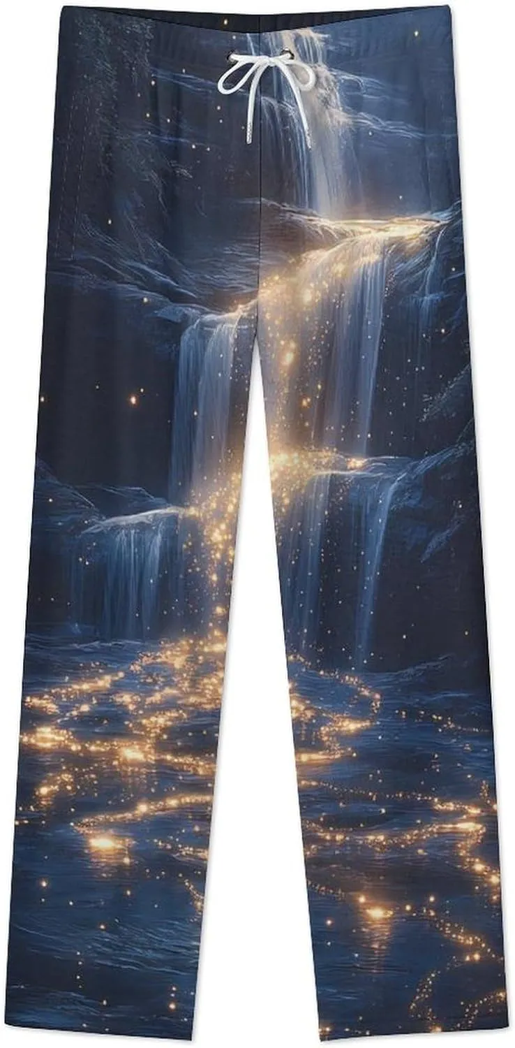 Glowing River Galaxy Womens Flannel Pajama Pants Long Length Sleep Lounge Pants with Drawstring Belt Loungewear