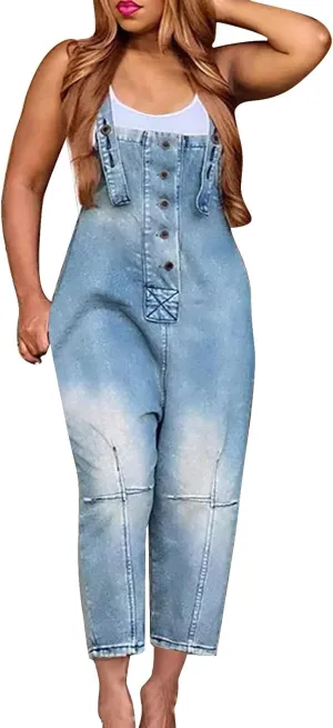 GOKKILRW Womens Denim Bib Overalls Work Capri Pants Loose Casual Fishing Hiking Jean Jumpsuits Lightweight Stretch Suspenders