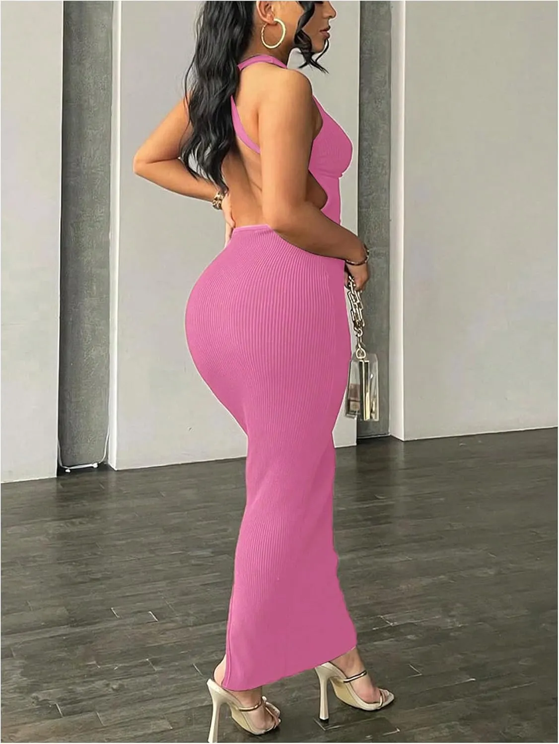 GORGLITTER Women's Open Back Bodycon Maxi Dress Backless Ribbed Knit Casual Summer Graduation Prom Long Sundresses 2025