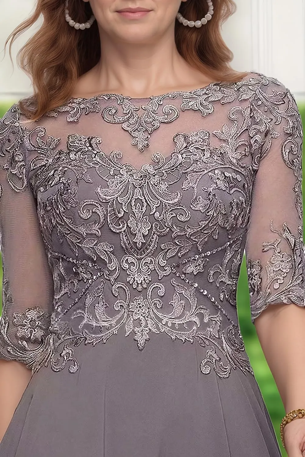 Half Sleeve Mother of The Bride Dresses for Wedding Tea Length Lace Appliques Chiffon Formal Evening Party Gown