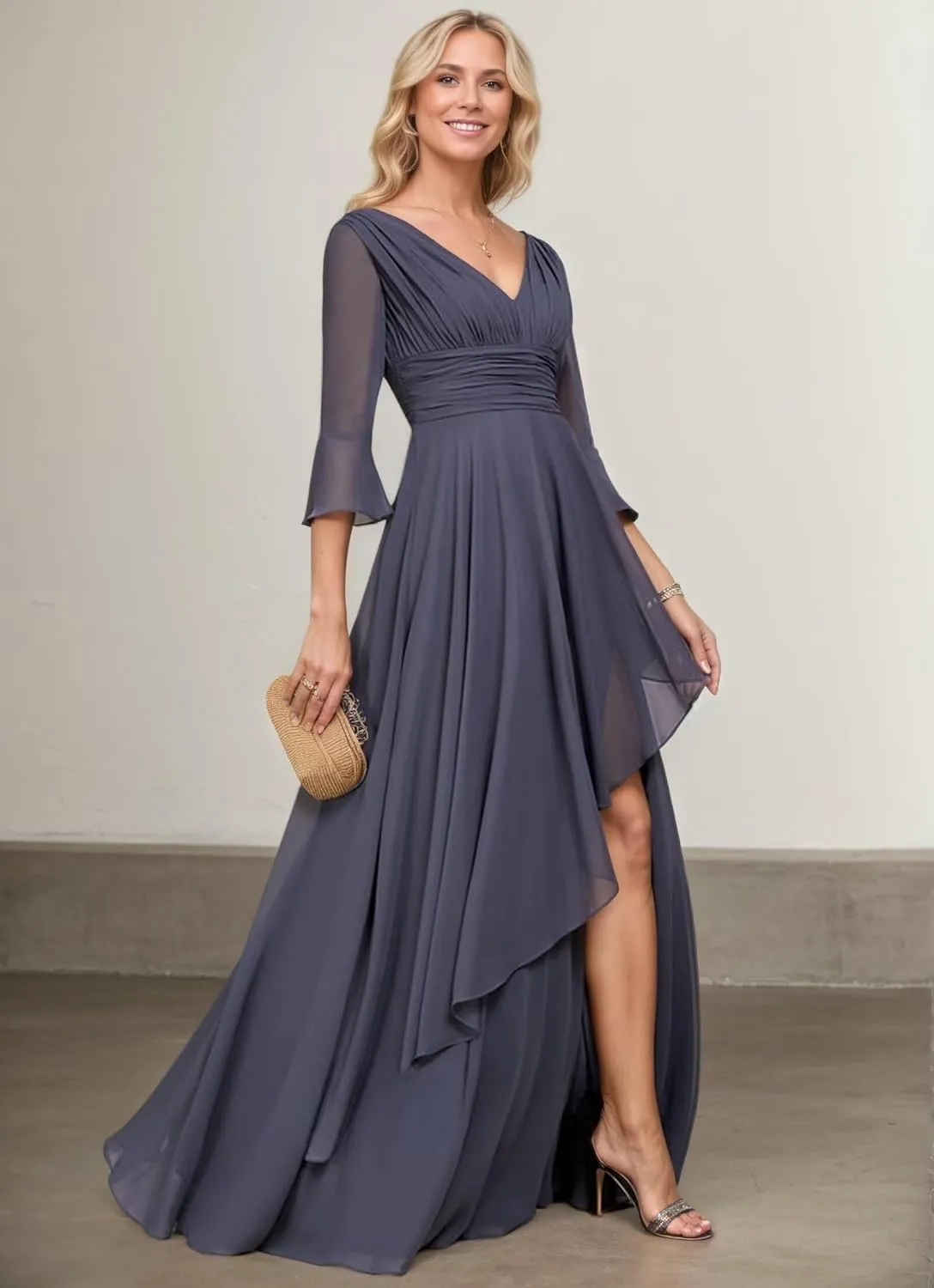Half Sleeve Mother of The Bride Dresses for Women Long Chiffon Ruffles Elegant Formal Evening Gown with Slit