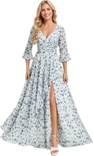 Half Sleeve Mother of The Bride Dresses for Women Long Chiffon Ruffles Elegant Formal Evening Gown with Slit