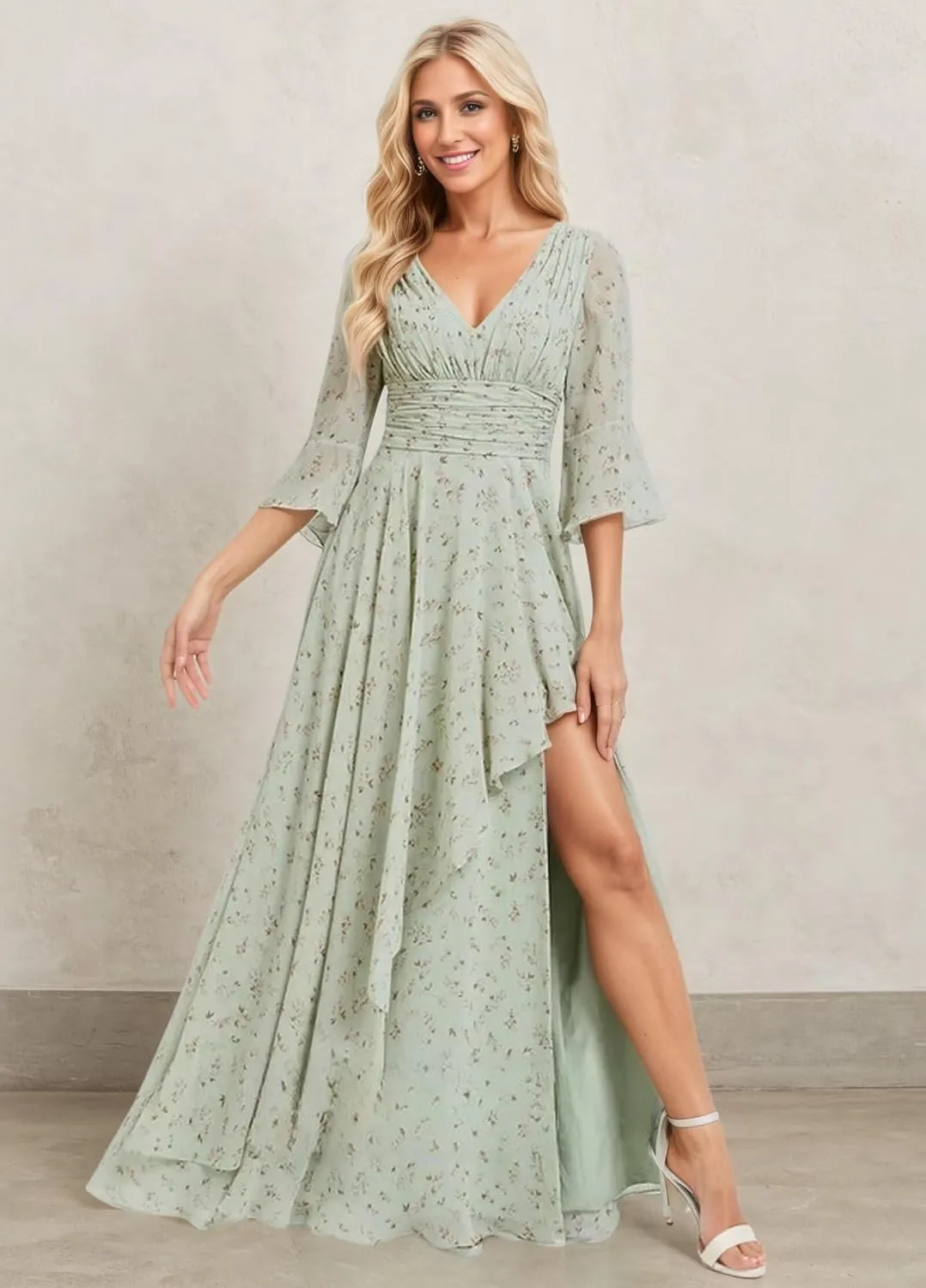 Half Sleeve Mother of The Bride Dresses for Women Long Chiffon Ruffles Elegant Formal Evening Gown with Slit