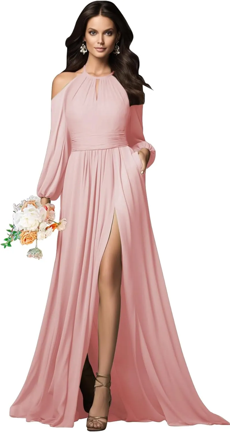 Halter Long Sleeve Bridesmaid Dresses with Slit Pockets Cold Shoulder Ruched Chiffon Formal Prom Dress Evening Gown