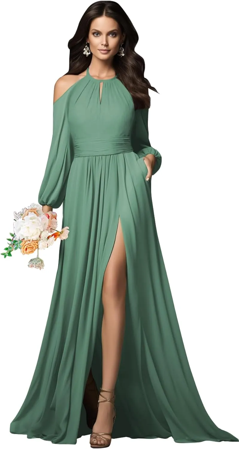 Halter Long Sleeve Bridesmaid Dresses with Slit Pockets Cold Shoulder Ruched Chiffon Formal Prom Dress Evening Gown