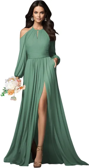 Halter Long Sleeve Bridesmaid Dresses with Slit Pockets Cold Shoulder Ruched Chiffon Formal Prom Dress Evening Gown