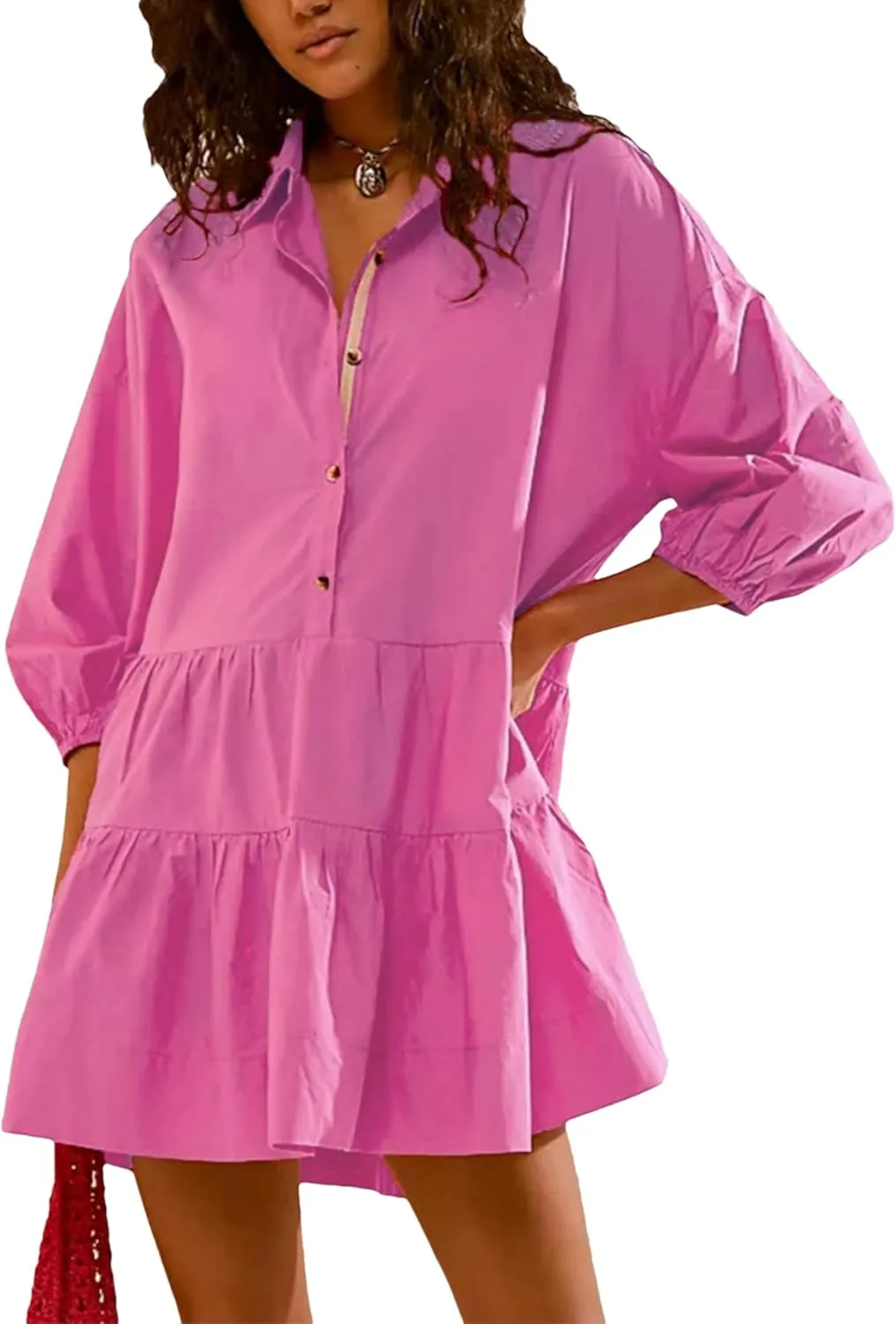 HangNiFang Women's Summer Babydoll Mini Dress Flowy Puff Sleeve Tiered Button Down Oversized Tunic Dress with Pockets