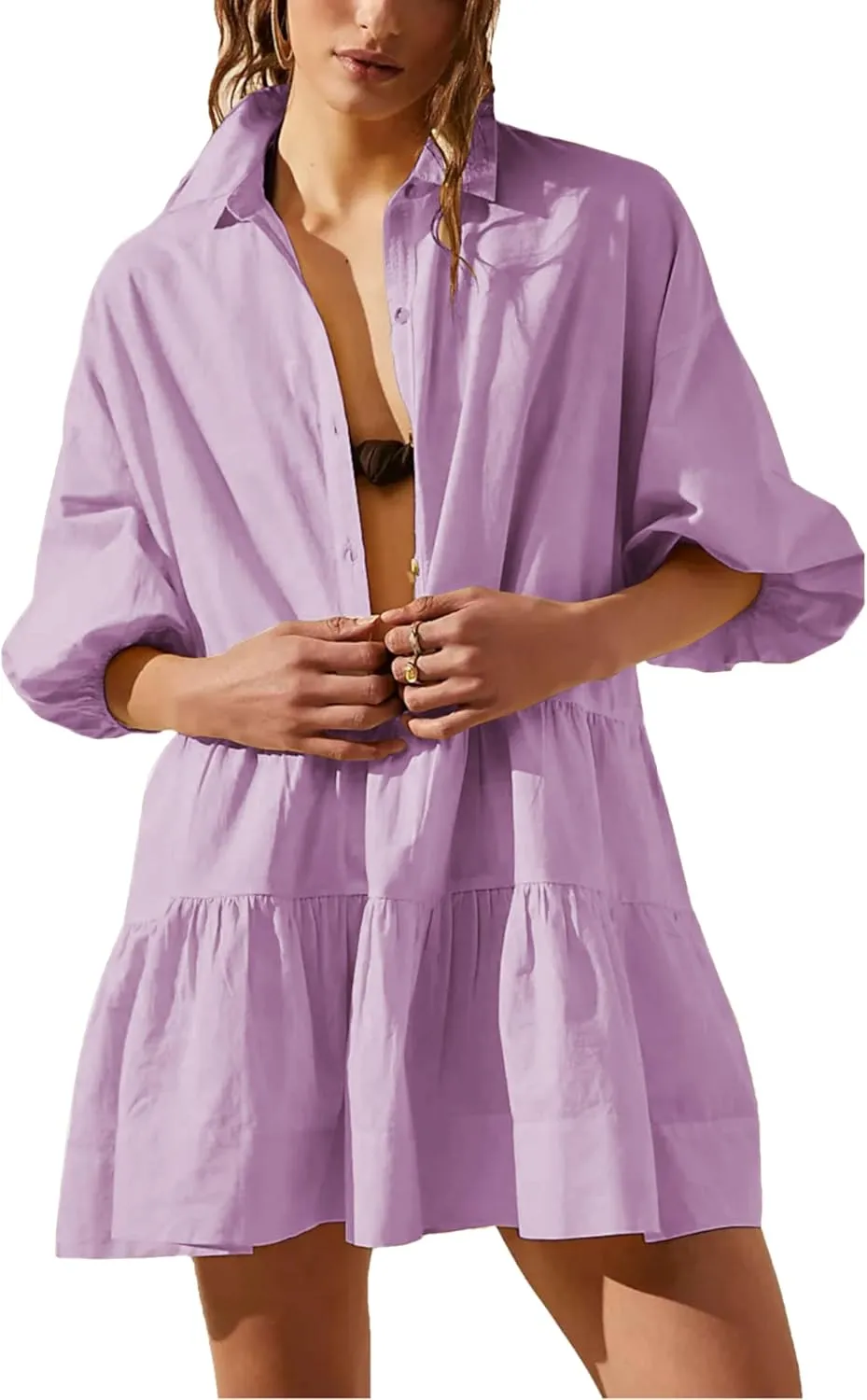 HangNiFang Women's Summer Babydoll Mini Dress Flowy Puff Sleeve Tiered Button Down Oversized Tunic Dress with Pockets