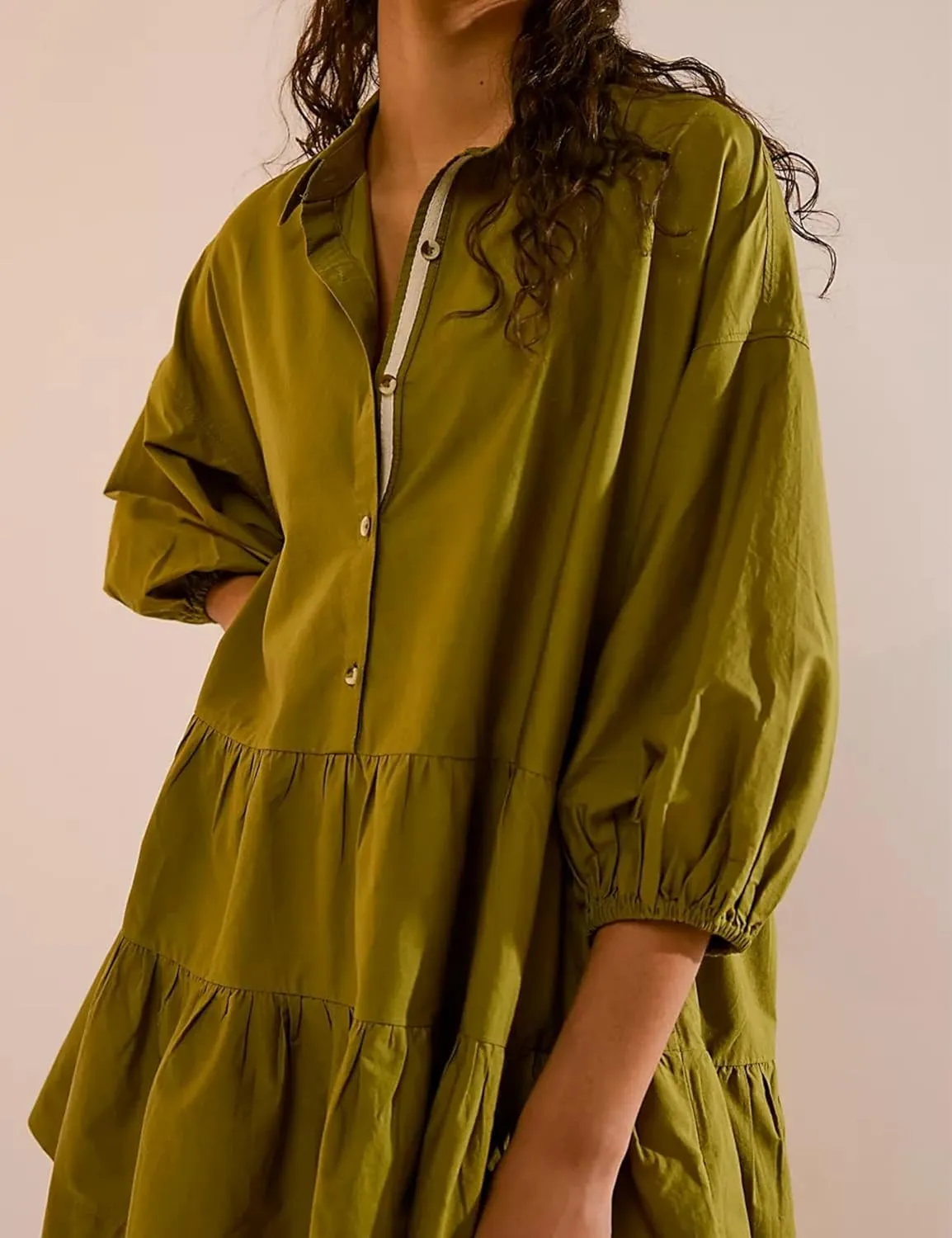 HangNiFang Women's Summer Babydoll Mini Dress Flowy Puff Sleeve Tiered Button Down Oversized Tunic Dress with Pockets
