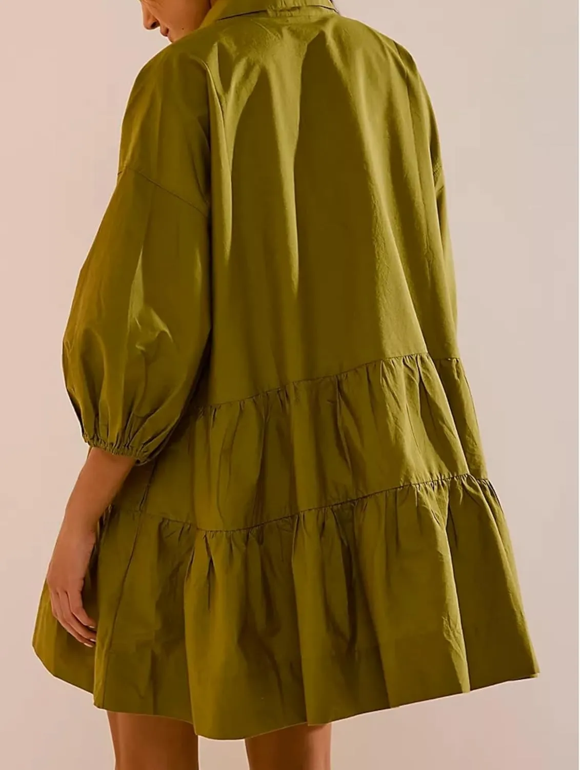 HangNiFang Women's Summer Babydoll Mini Dress Flowy Puff Sleeve Tiered Button Down Oversized Tunic Dress with Pockets