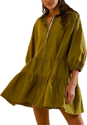 HangNiFang Women's Summer Babydoll Mini Dress Flowy Puff Sleeve Tiered Button Down Oversized Tunic Dress with Pockets