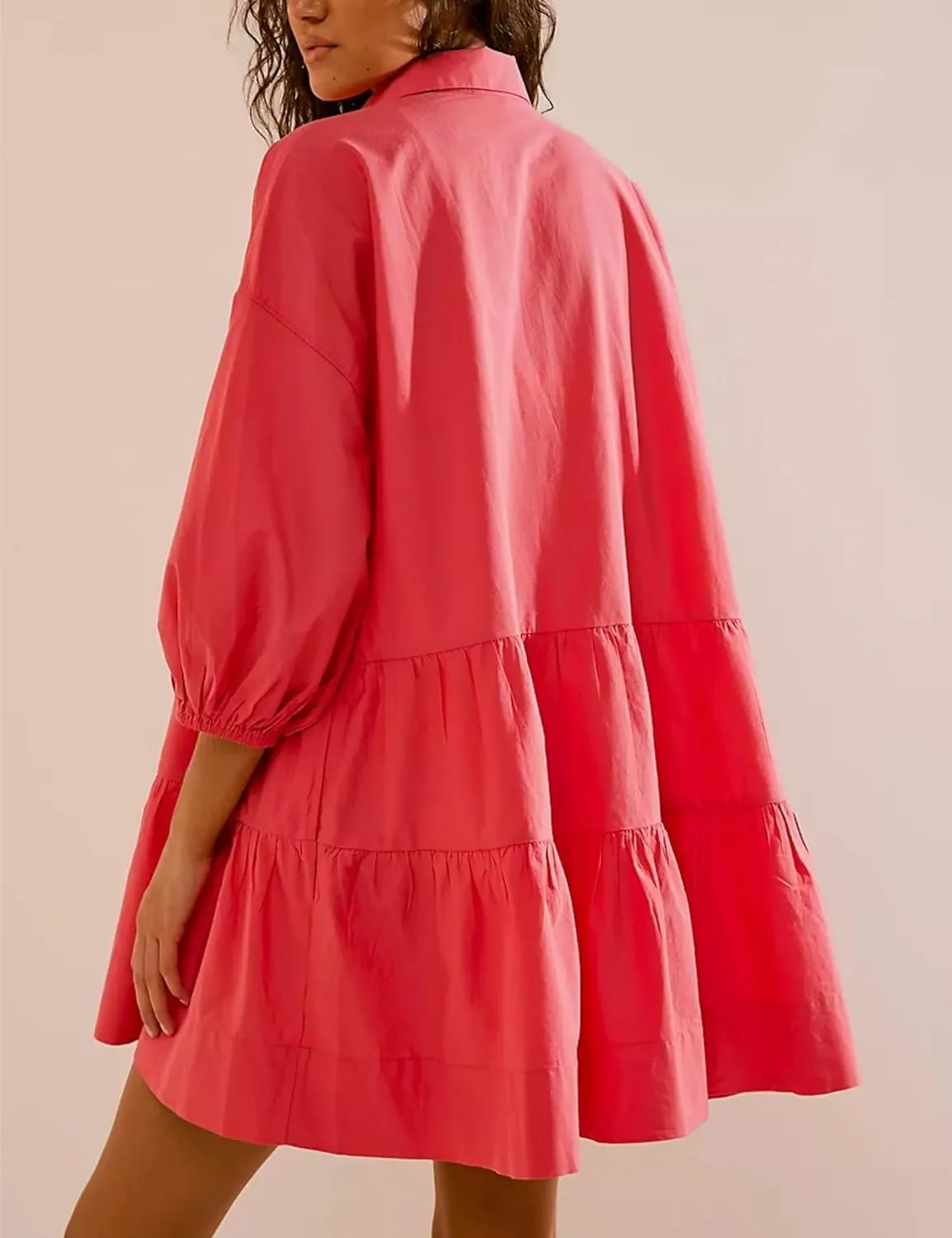 HangNiFang Women's Summer Babydoll Mini Dress Flowy Puff Sleeve Tiered Button Down Oversized Tunic Dress with Pockets