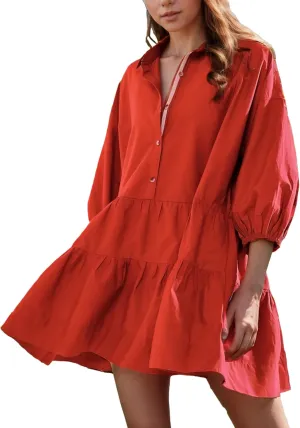 HangNiFang Women's Summer Babydoll Mini Dress Flowy Puff Sleeve Tiered Button Down Oversized Tunic Dress with Pockets