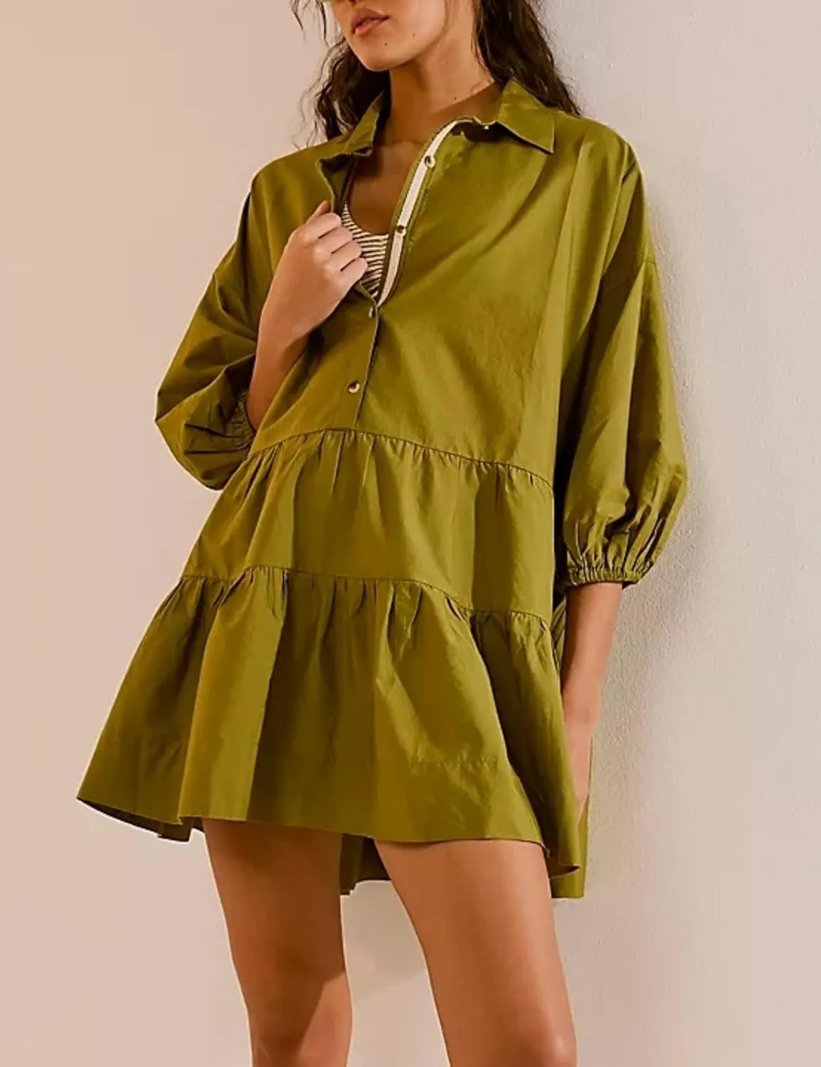 HangNiFang Women's Summer Babydoll Mini Dress Flowy Puff Sleeve Tiered Button Down Oversized Tunic Dress with Pockets