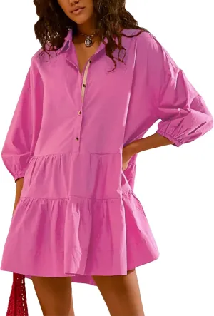 HangNiFang Women's Summer Babydoll Mini Dress Flowy Puff Sleeve Tiered Button Down Oversized Tunic Dress with Pockets
