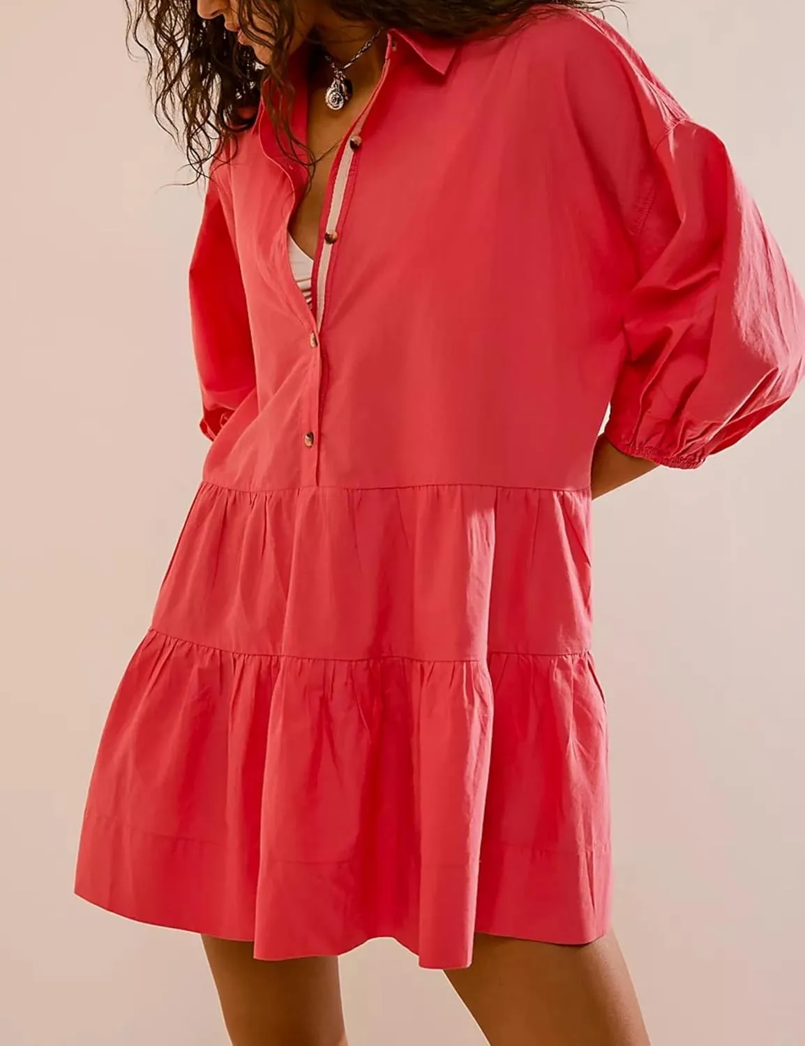 HangNiFang Women's Summer Babydoll Mini Dress Flowy Puff Sleeve Tiered Button Down Oversized Tunic Dress with Pockets