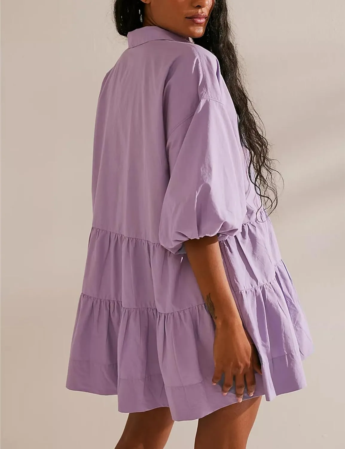 HangNiFang Women's Summer Babydoll Mini Dress Flowy Puff Sleeve Tiered Button Down Oversized Tunic Dress with Pockets