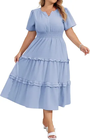 Hanna Nikole Women's Plus Size Summer Casual Dress 2025 V Neck Empire Waist Tiered Flowy Beach Vacation Dress with Pockets