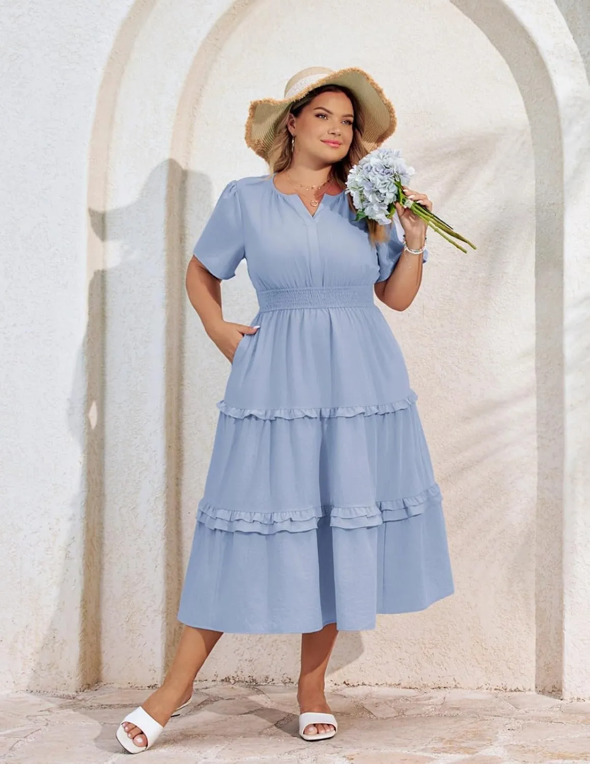 Hanna Nikole Women's Plus Size Summer Casual Dress 2025 V Neck Empire Waist Tiered Flowy Beach Vacation Dress with Pockets