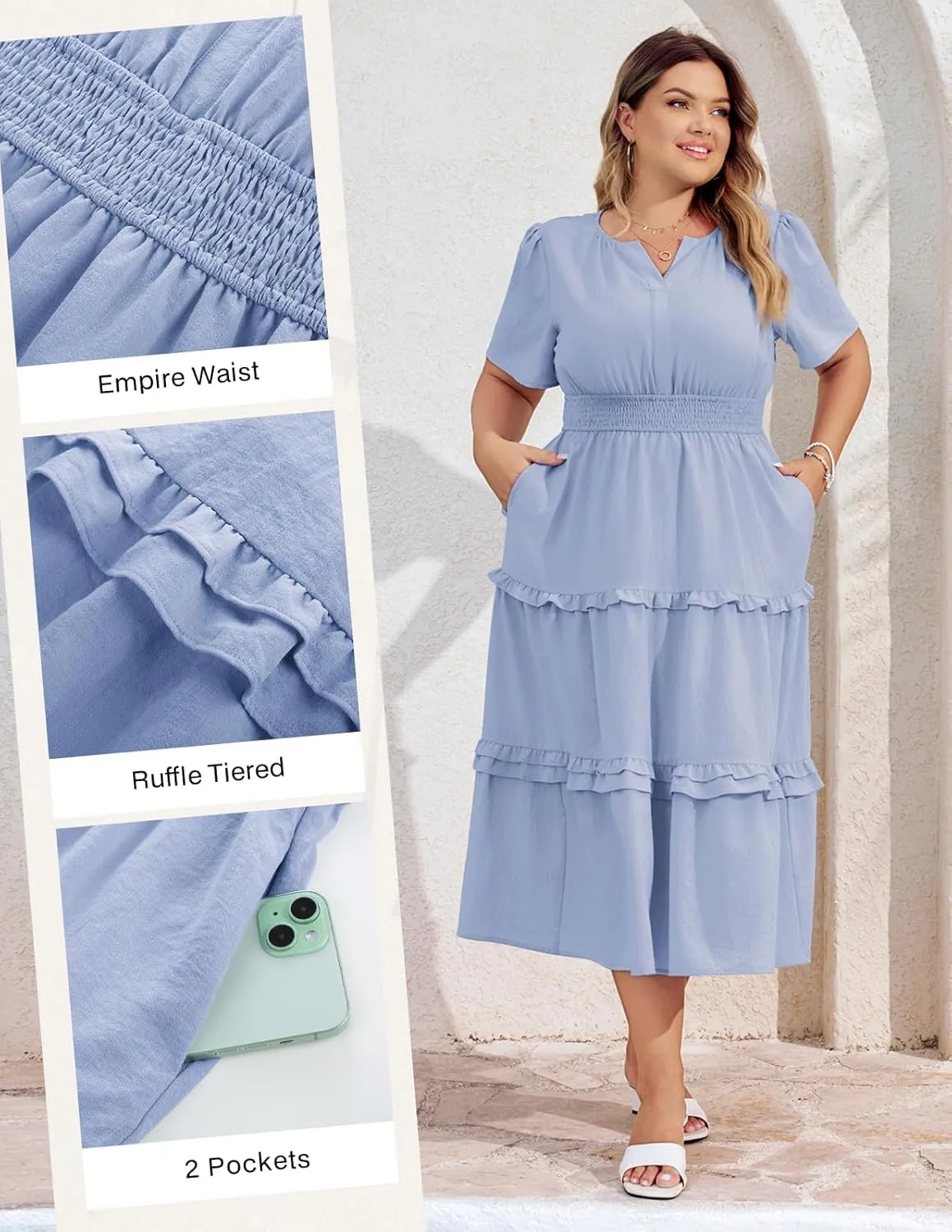 Hanna Nikole Women's Plus Size Summer Casual Dress 2025 V Neck Empire Waist Tiered Flowy Beach Vacation Dress with Pockets