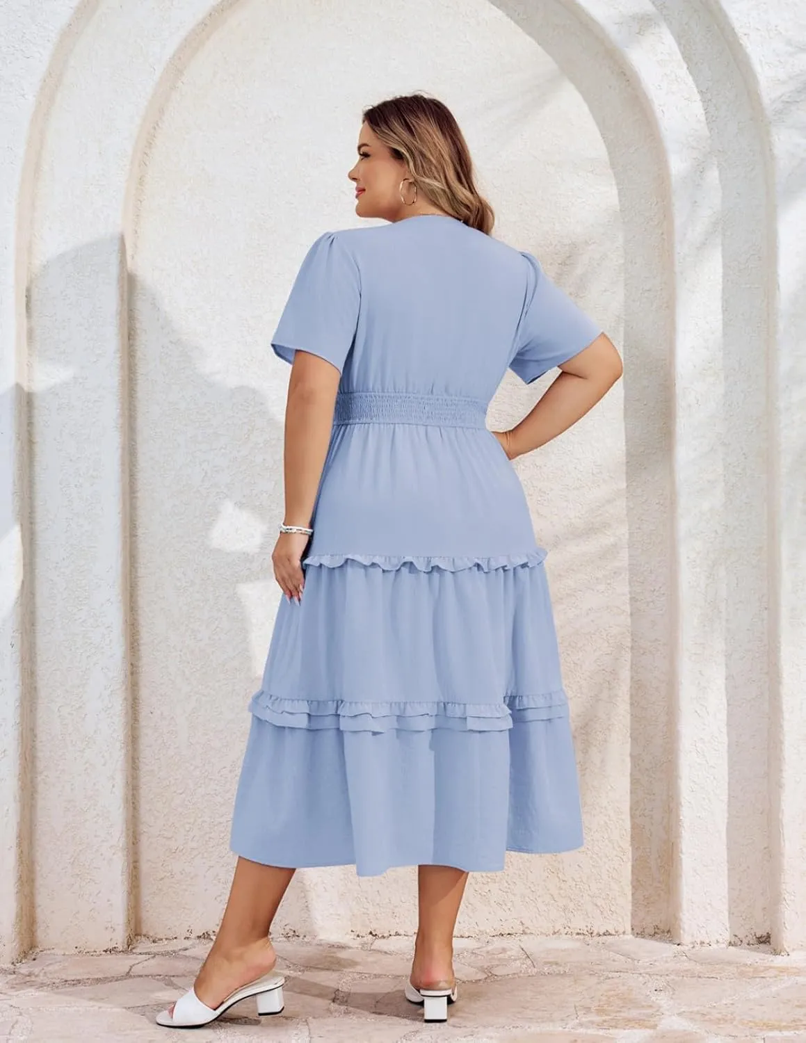Hanna Nikole Women's Plus Size Summer Casual Dress 2025 V Neck Empire Waist Tiered Flowy Beach Vacation Dress with Pockets