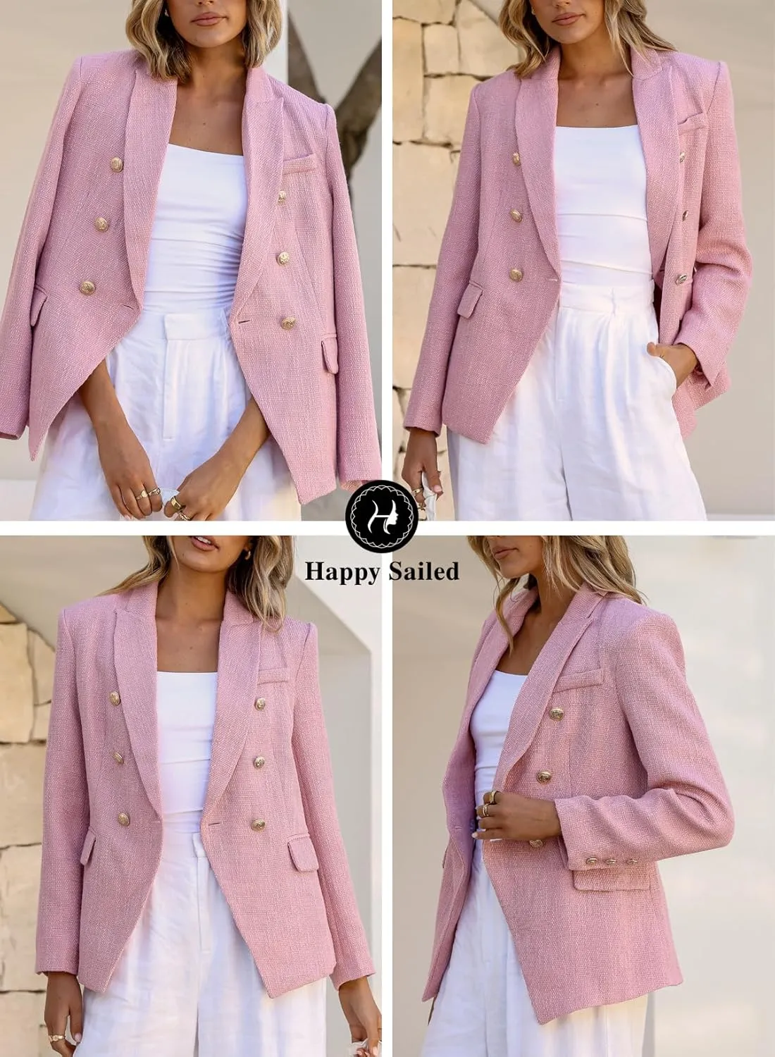 Happy Sailed Womens Tweed Blazers Casual Long Sleeve Double Breasted Open Front Blazer Jackets Work Suits