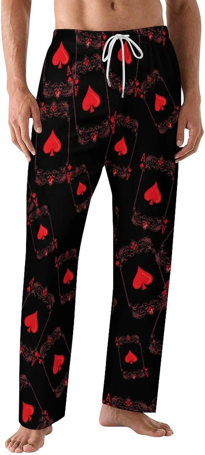 Hearts Playing Card Poker Men's Pajama Lounge Pants Soft Loungewear Sleep Bottoms With Pockets