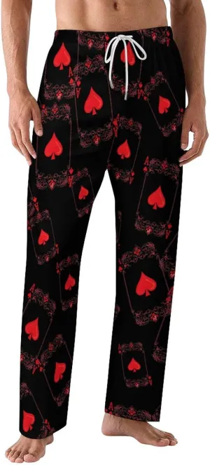Hearts Playing Card Poker Men's Pajama Lounge Pants Soft Loungewear Sleep Bottoms With Pockets