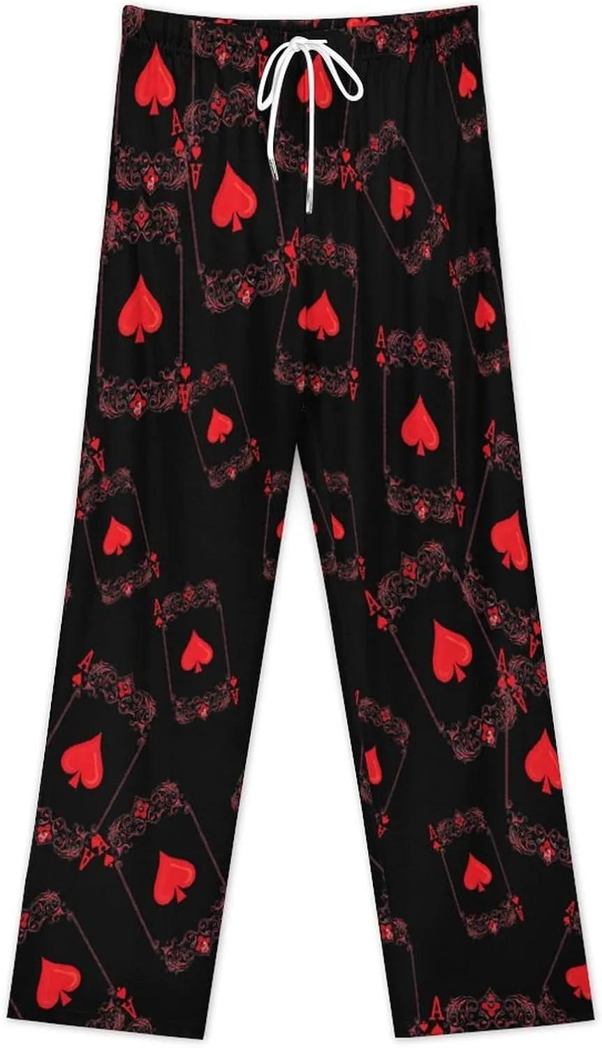 Hearts Playing Card Poker Men's Pajama Lounge Pants Soft Loungewear Sleep Bottoms With Pockets