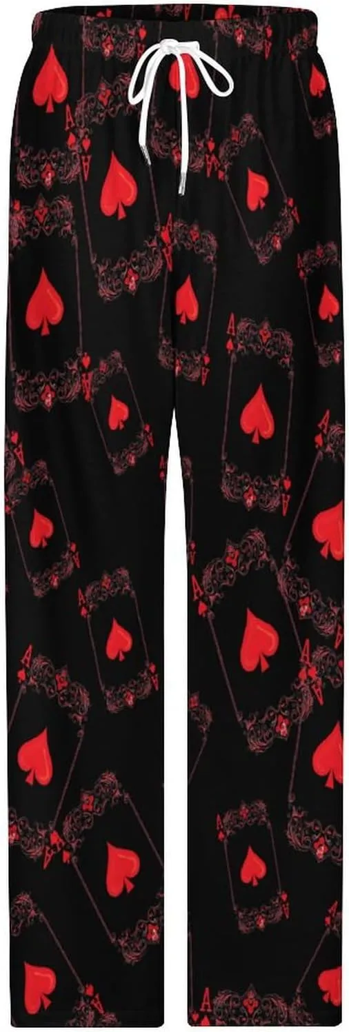 Hearts Playing Card Poker Men's Pajama Lounge Pants Soft Loungewear Sleep Bottoms With Pockets