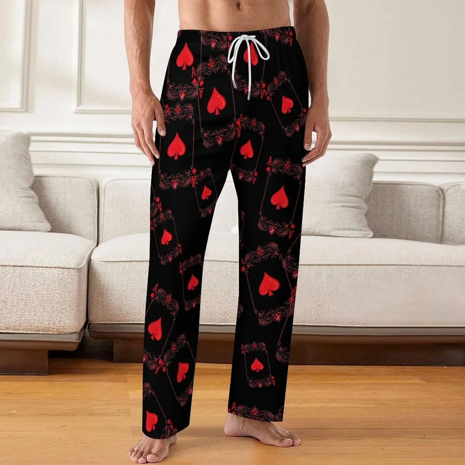 Hearts Playing Card Poker Men's Pajama Lounge Pants Soft Loungewear Sleep Bottoms With Pockets