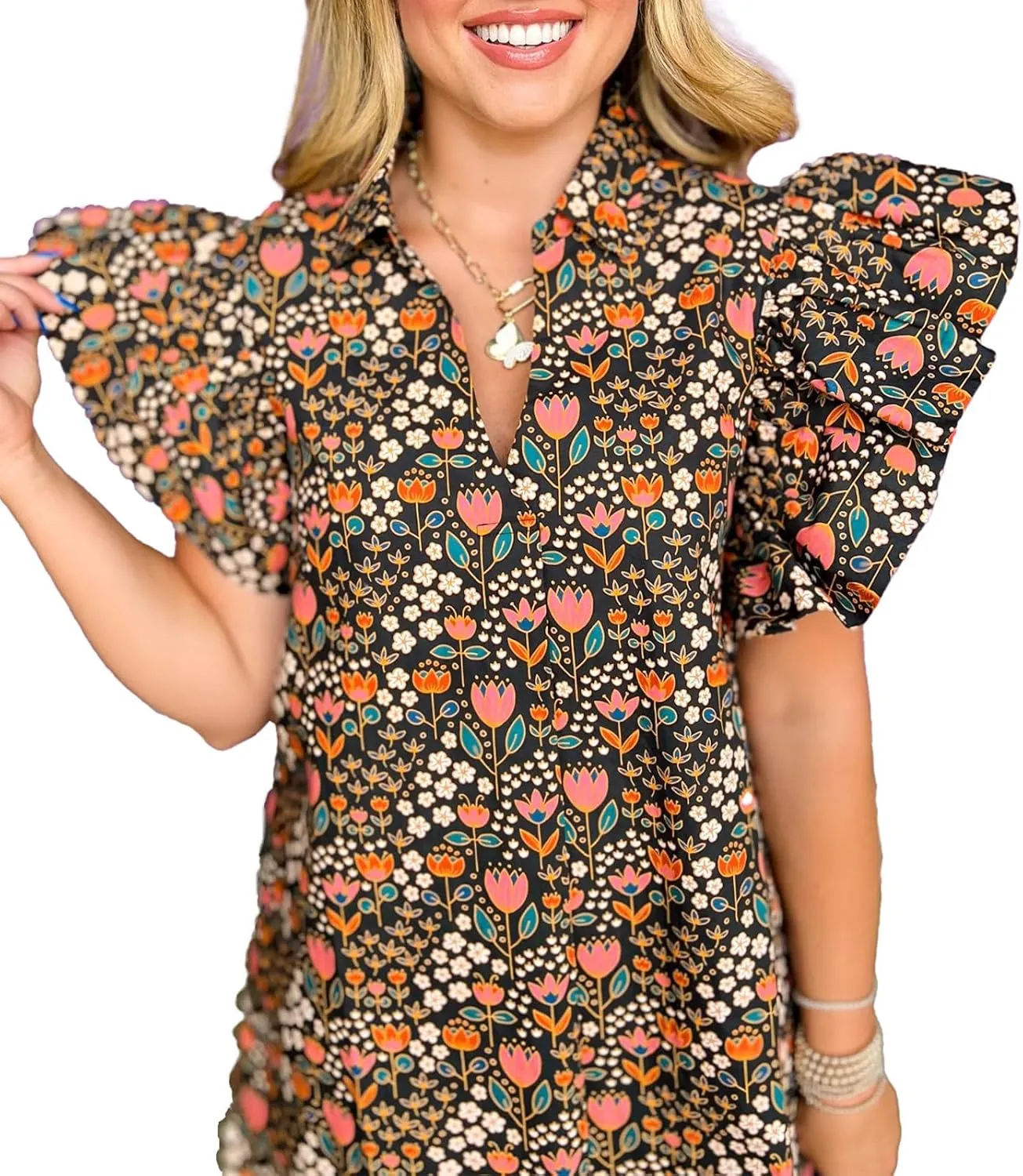 hibshaby Women's Floral Babydoll Mini Dress V-Neck Ruffle Sleeve Cute Dress Sundress