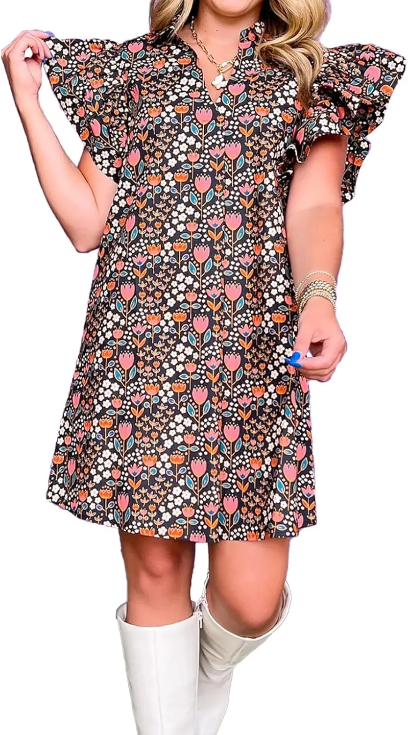 hibshaby Women's Floral Babydoll Mini Dress V-Neck Ruffle Sleeve Cute Dress Sundress