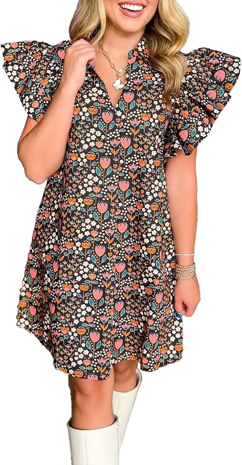 hibshaby Women's Floral Babydoll Mini Dress V-Neck Ruffle Sleeve Cute Dress Sundress