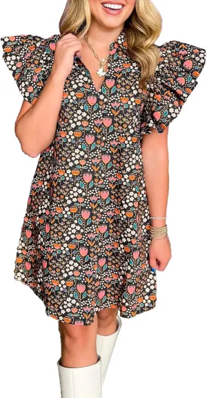 hibshaby Women's Floral Babydoll Mini Dress V-Neck Ruffle Sleeve Cute Dress Sundress