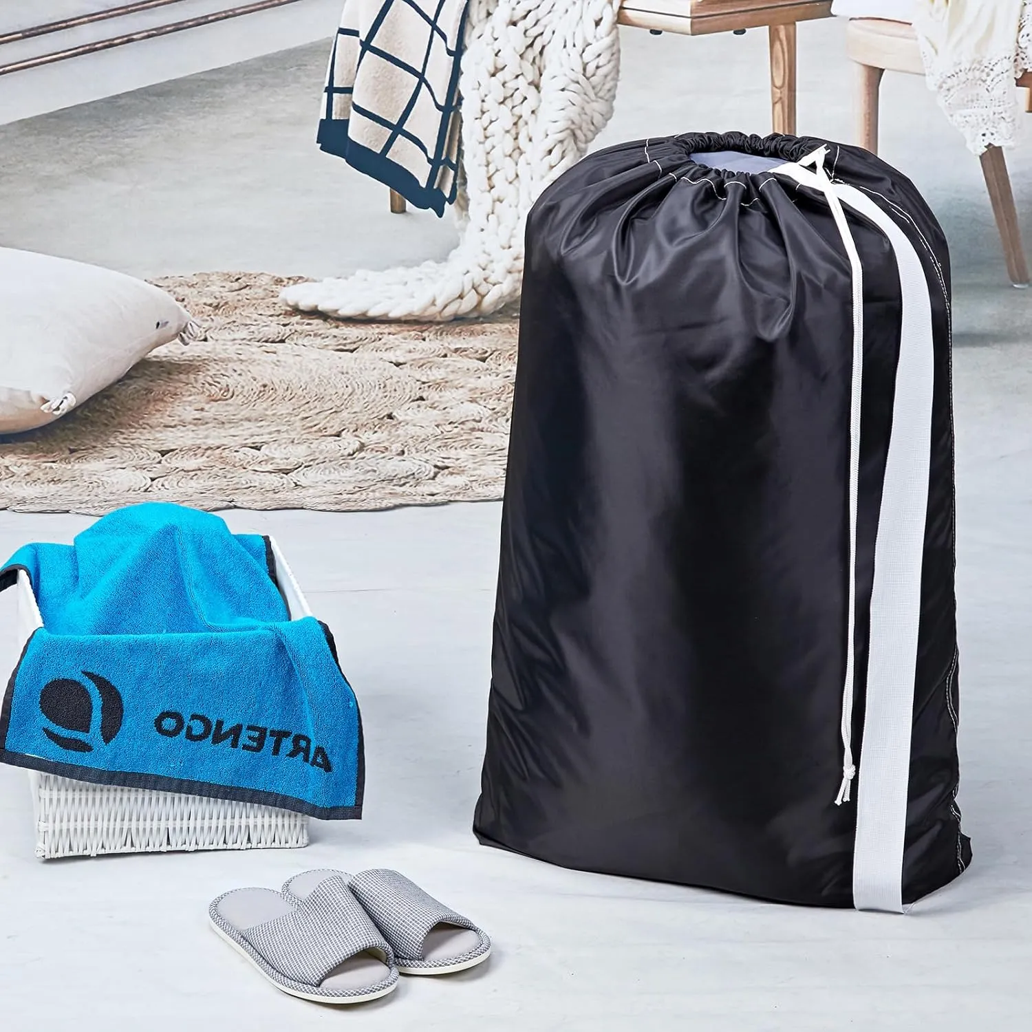 HOMEST XL Nylon Laundry Bag with Strap, Large Dirty Garments Organizer, Easy Fit a Hamper or Clothing Basket, Can Carry Up to 4 Loads of Clothes, Black