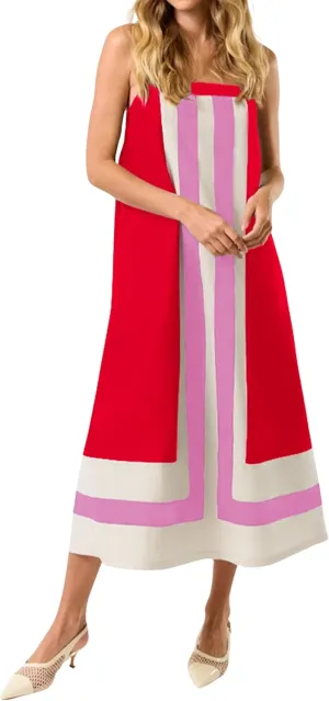 Hooever Women Color Block Maxi Dress Boho Striped Shoulder Strap Sundress Square Neck Summer Beach Dresses