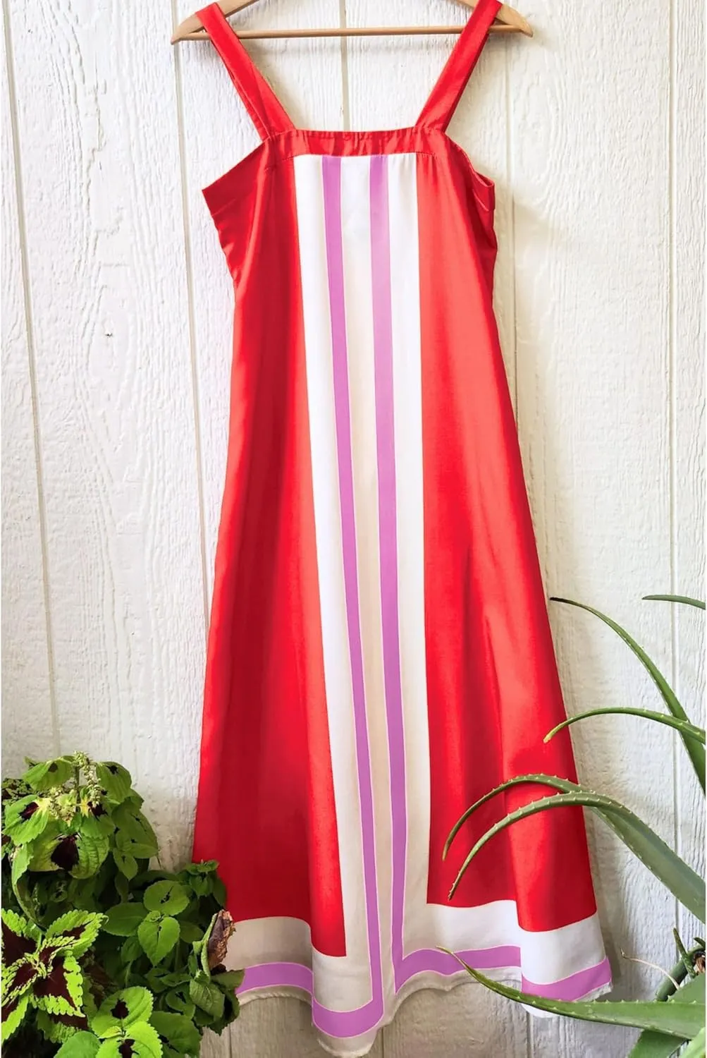 Hooever Women Color Block Maxi Dress Boho Striped Shoulder Strap Sundress Square Neck Summer Beach Dresses