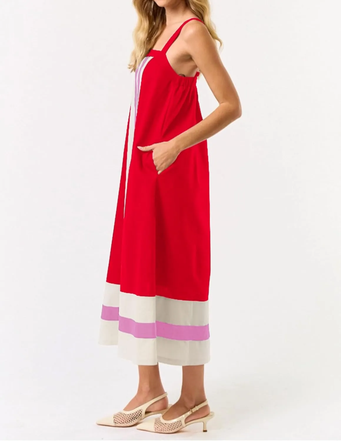 Hooever Women Color Block Maxi Dress Boho Striped Shoulder Strap Sundress Square Neck Summer Beach Dresses