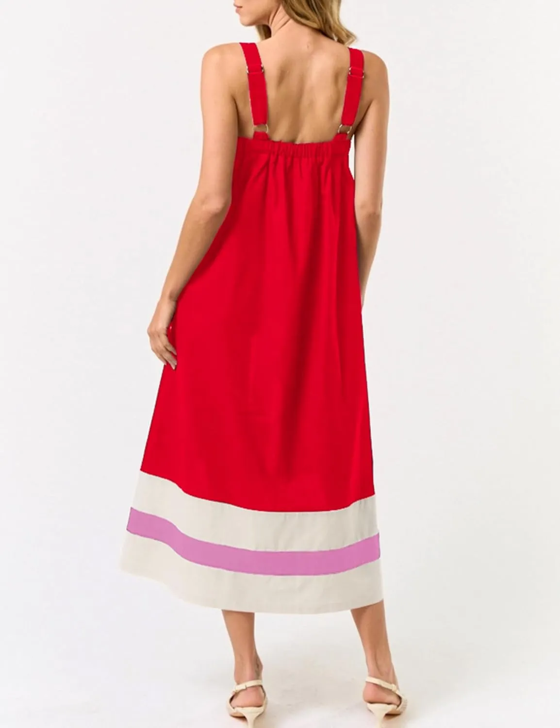 Hooever Women Color Block Maxi Dress Boho Striped Shoulder Strap Sundress Square Neck Summer Beach Dresses