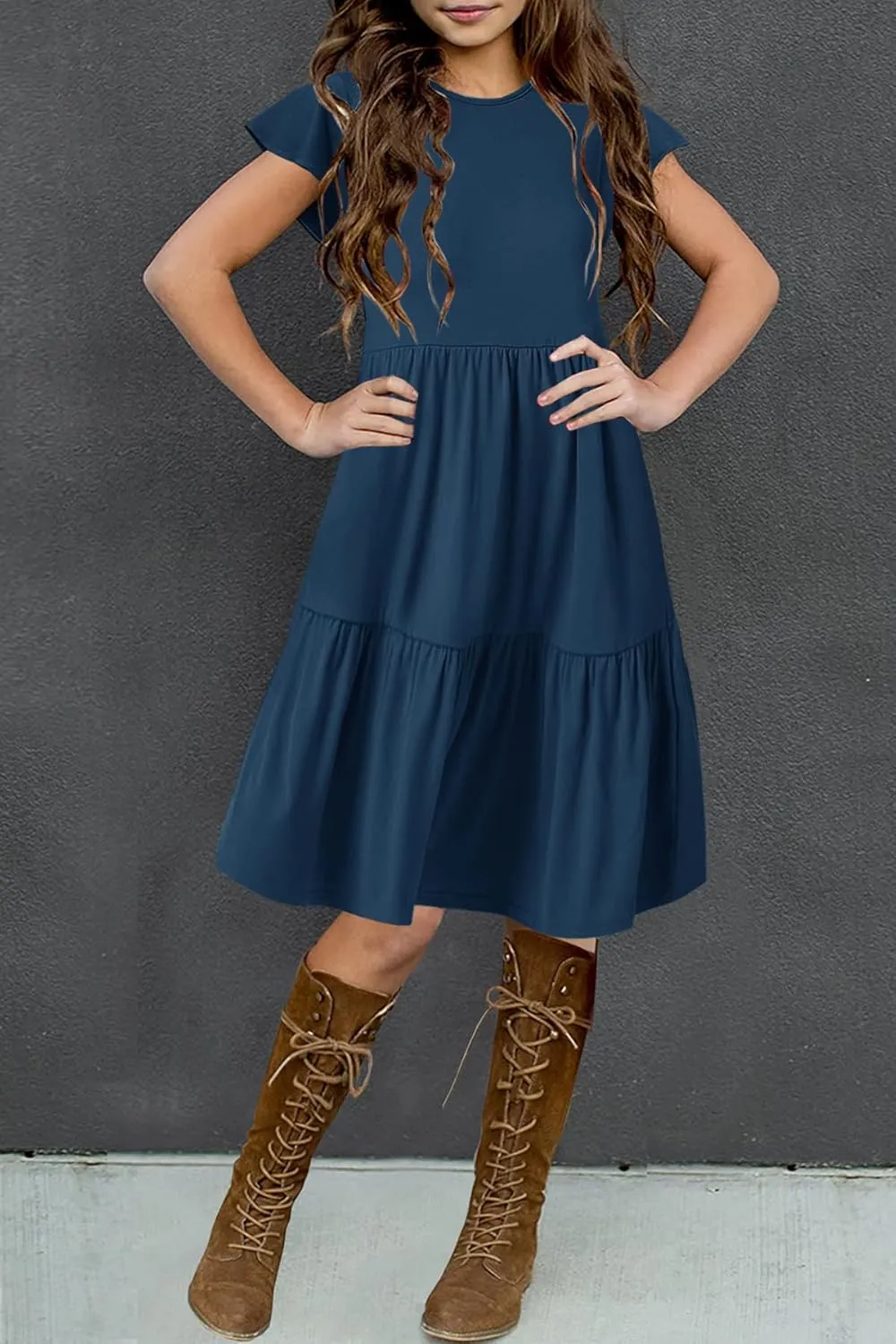 HOSIKA Girls Summer Ruffle Short Sleeve Crew Neck Loose Casual Flowy Tiered Short Dress with Pockets for 6-12 Y