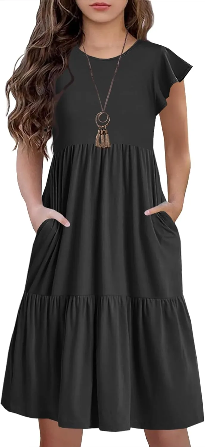 HOSIKA Girls Summer Ruffle Short Sleeve Crew Neck Loose Casual Flowy Tiered Short Dress with Pockets for 6-12 Y
