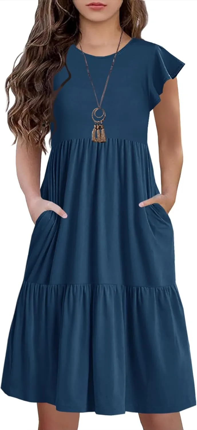 HOSIKA Girls Summer Ruffle Short Sleeve Crew Neck Loose Casual Flowy Tiered Short Dress with Pockets for 6-12 Y