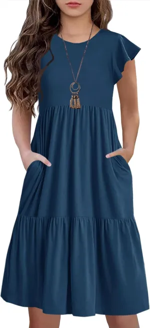 HOSIKA Girls Summer Ruffle Short Sleeve Crew Neck Loose Casual Flowy Tiered Short Dress with Pockets for 6-12 Y